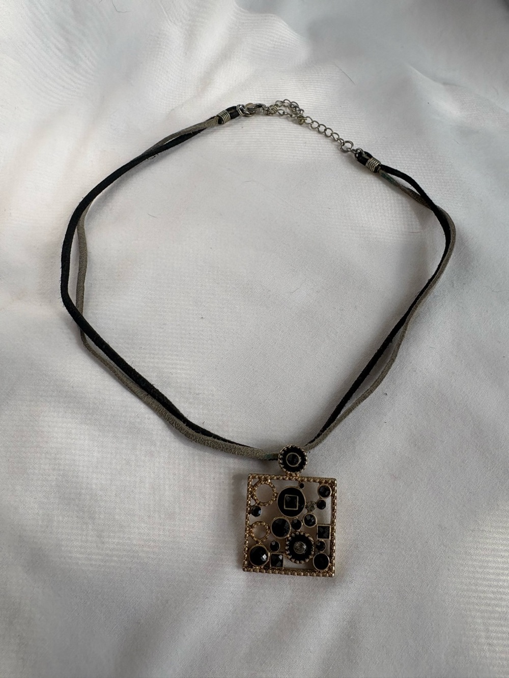 Lia Sophia Black Crystal Suede Pendant Necklace Gold Tone Geometric